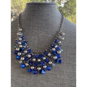 Necklace Fashion Apron Beaded Silver Tone Blue 19”+3”